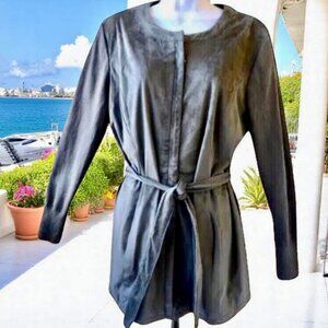 H by HALSTON Microfiber Suede Cloth Full Zip Jacket Knit Sleeves Self Tie